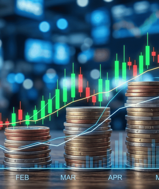 Stacks of coins with rising financial charts showing business growth and investment trends