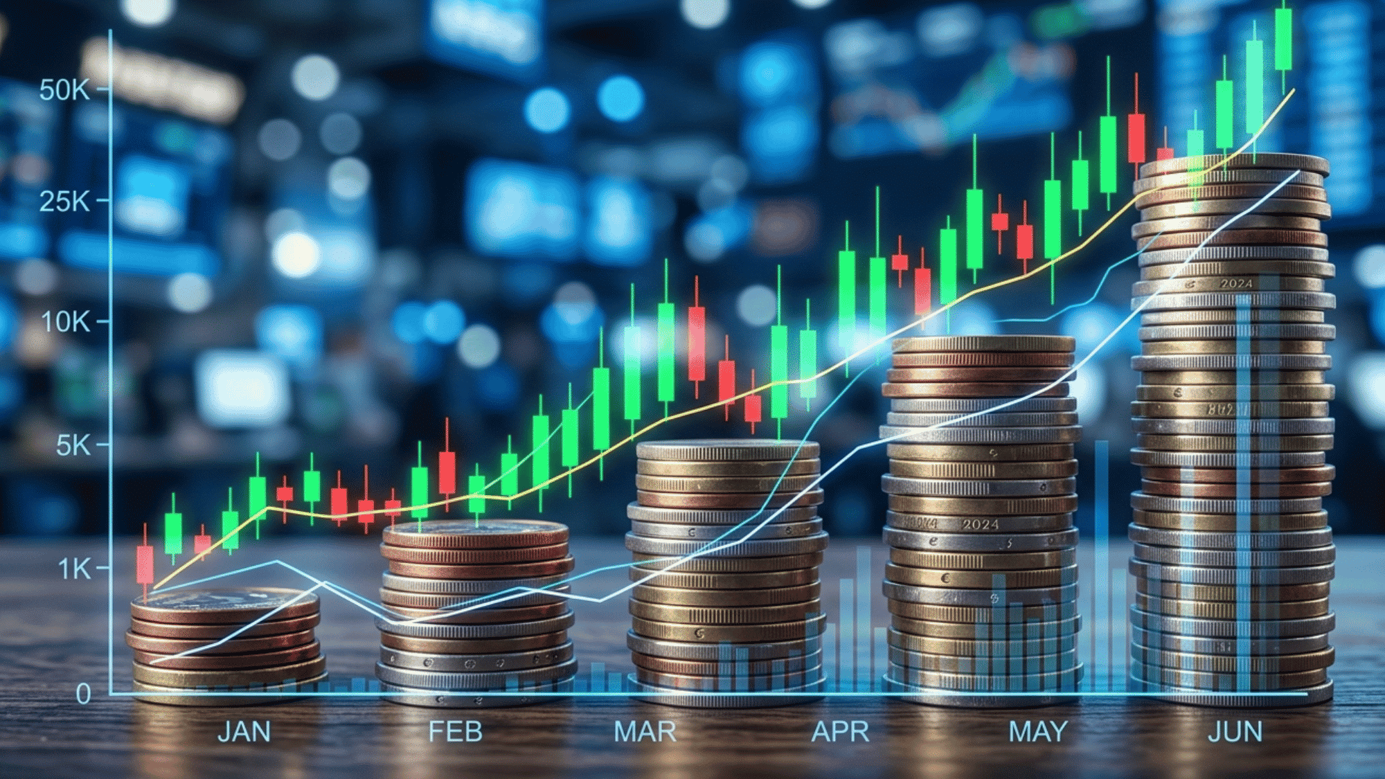 Stacks of coins with rising financial charts showing business growth and investment trends