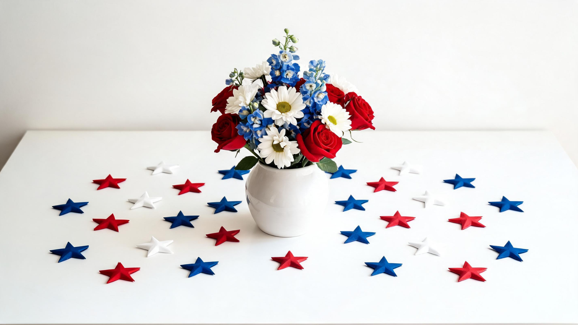 Star-themed Memorial Day centerpiece with decorative stars and a central floral arrangement