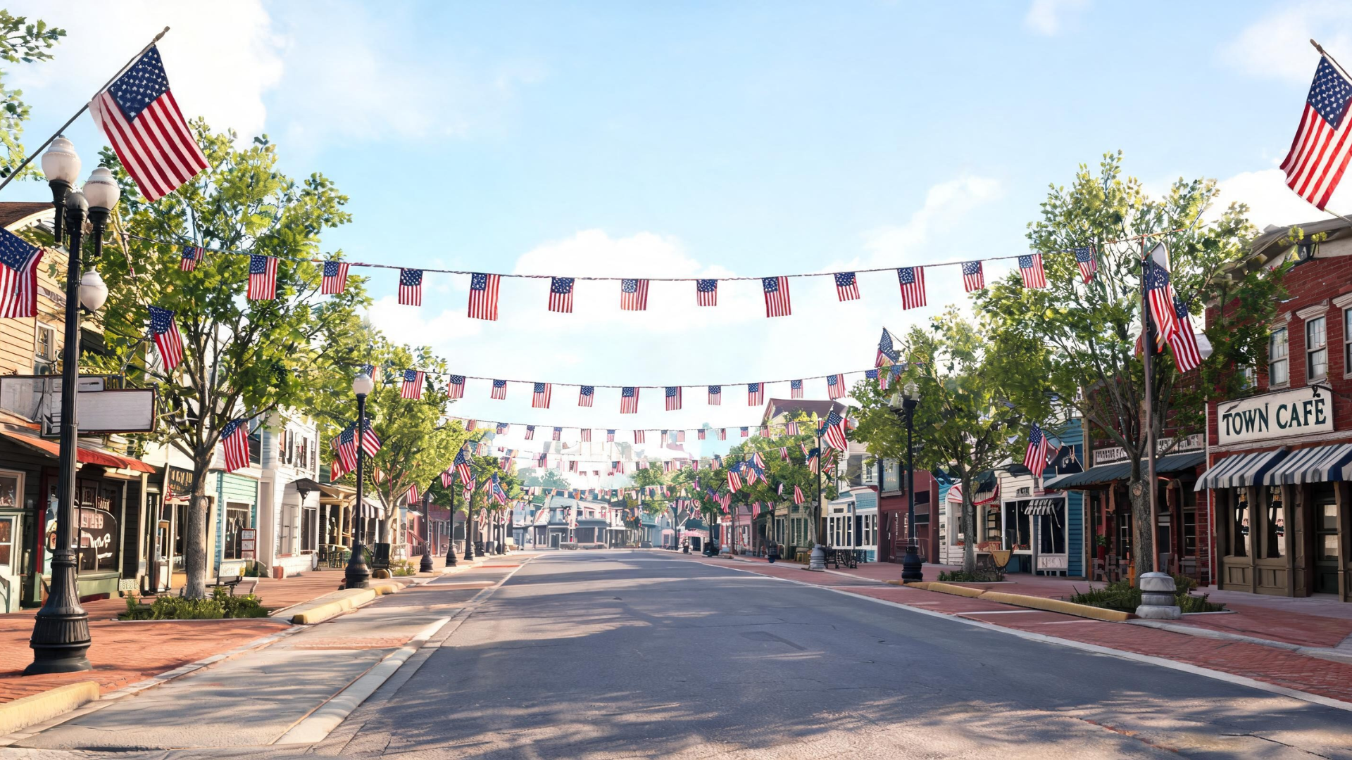 Street lined with American flags prepared for a Memorial Day parade in a calm community setting