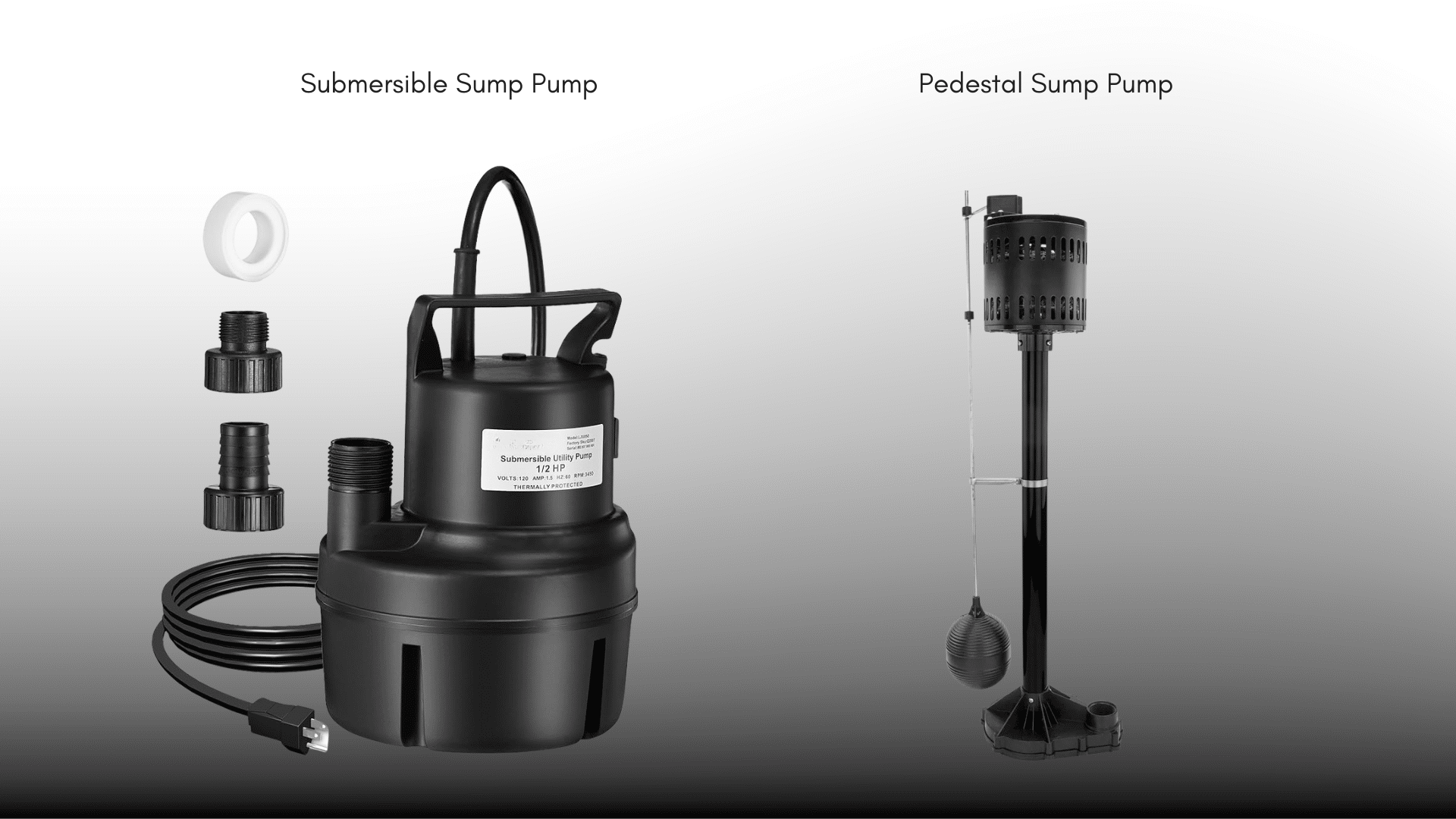 Submersible and pedestal sump pumps placed side by side showing their physical design differences