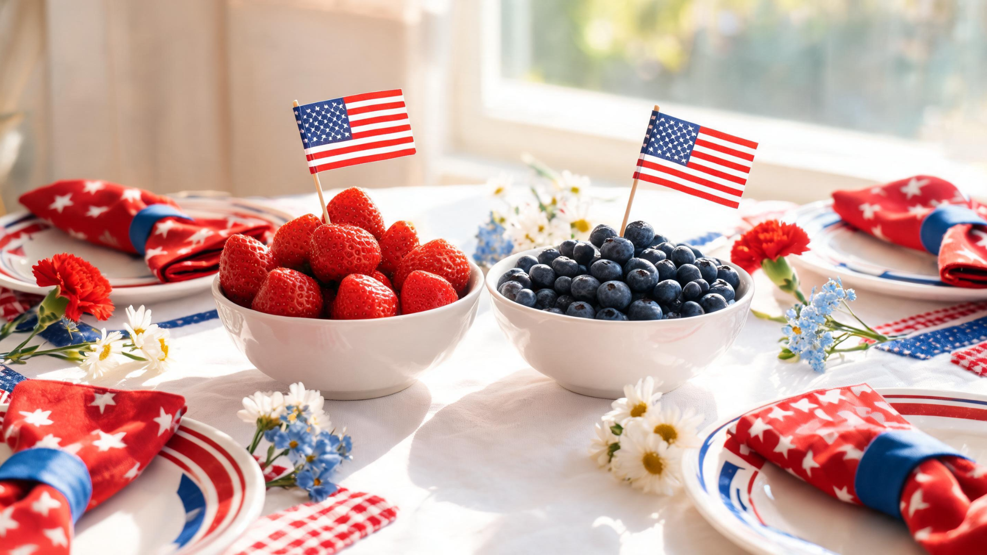 Summer table with strawberries and blueberries used as decor for a fresh patriotic look