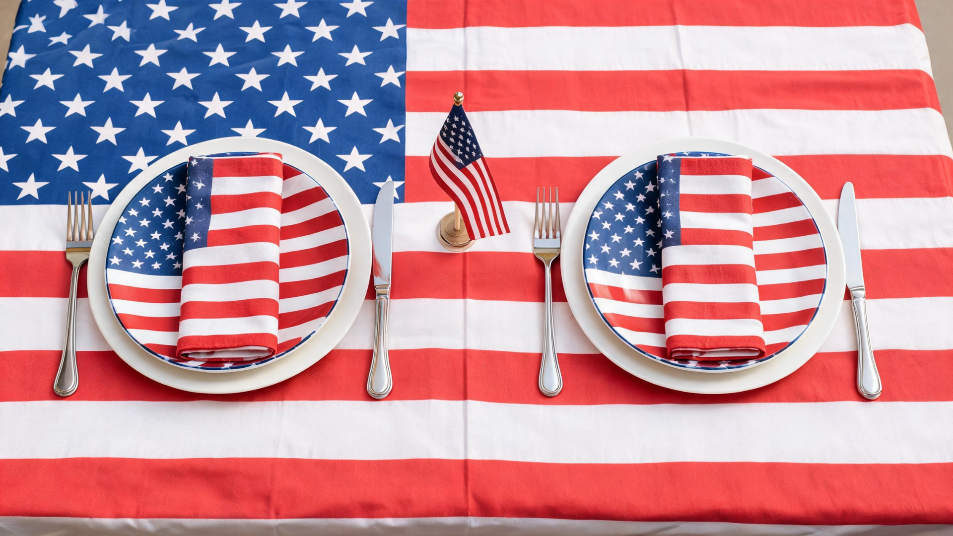 Table setup with American flag themed plates and napkins arranged in a balanced way