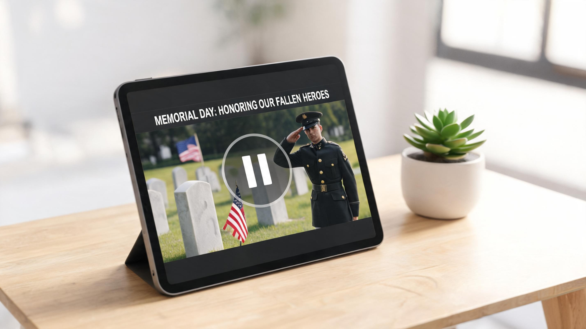 Tablet displaying a paused Memorial Day educational video placed on a table