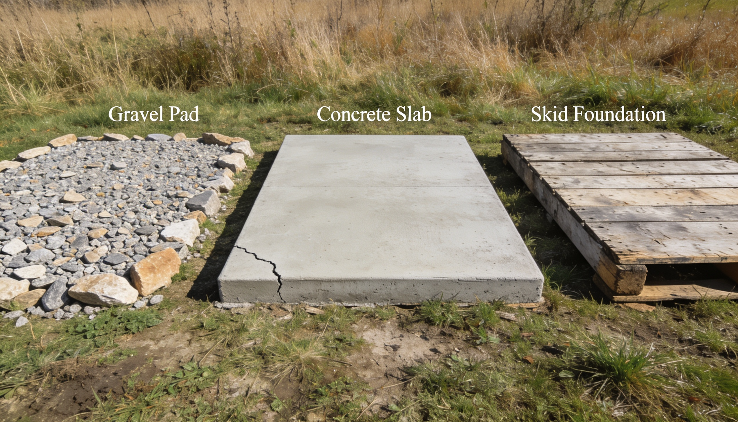 Three shed foundation types sit side by side on open ground showing a gravel pad, a concrete slab, and a skid foundatioN