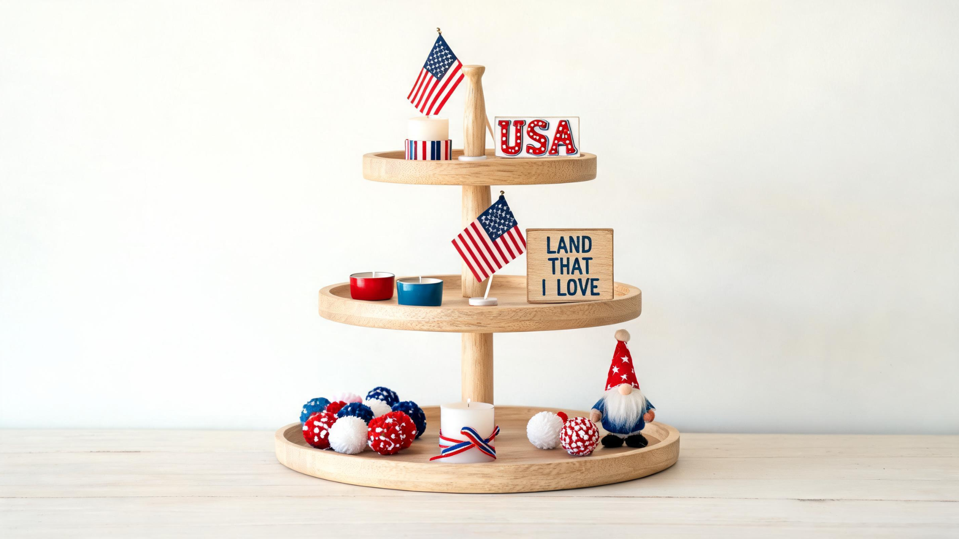 Tiered tray with patriotic decor items used as a Memorial Day centerpiece on a dining table