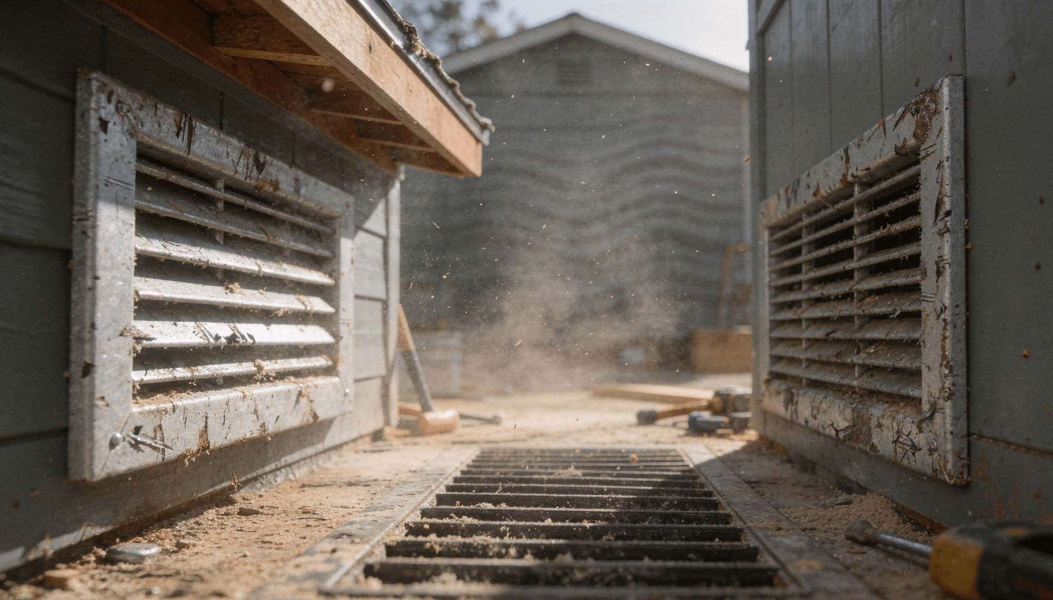 Two louvered wall vents face each other on opposite shed walls with sawdust and construction debris visible on the ground below