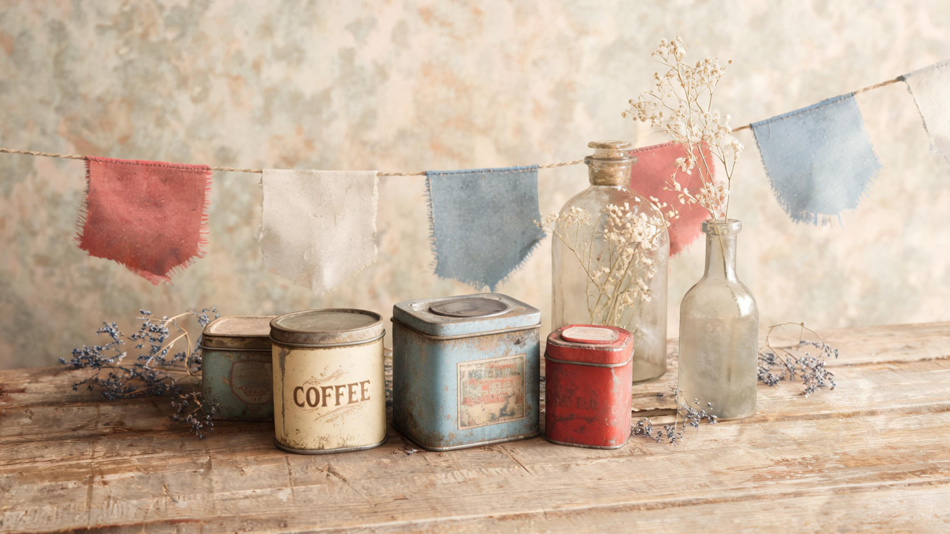 Vintage Americana centerpiece with old tins, bottles, and faded flags on a Memorial Day table
