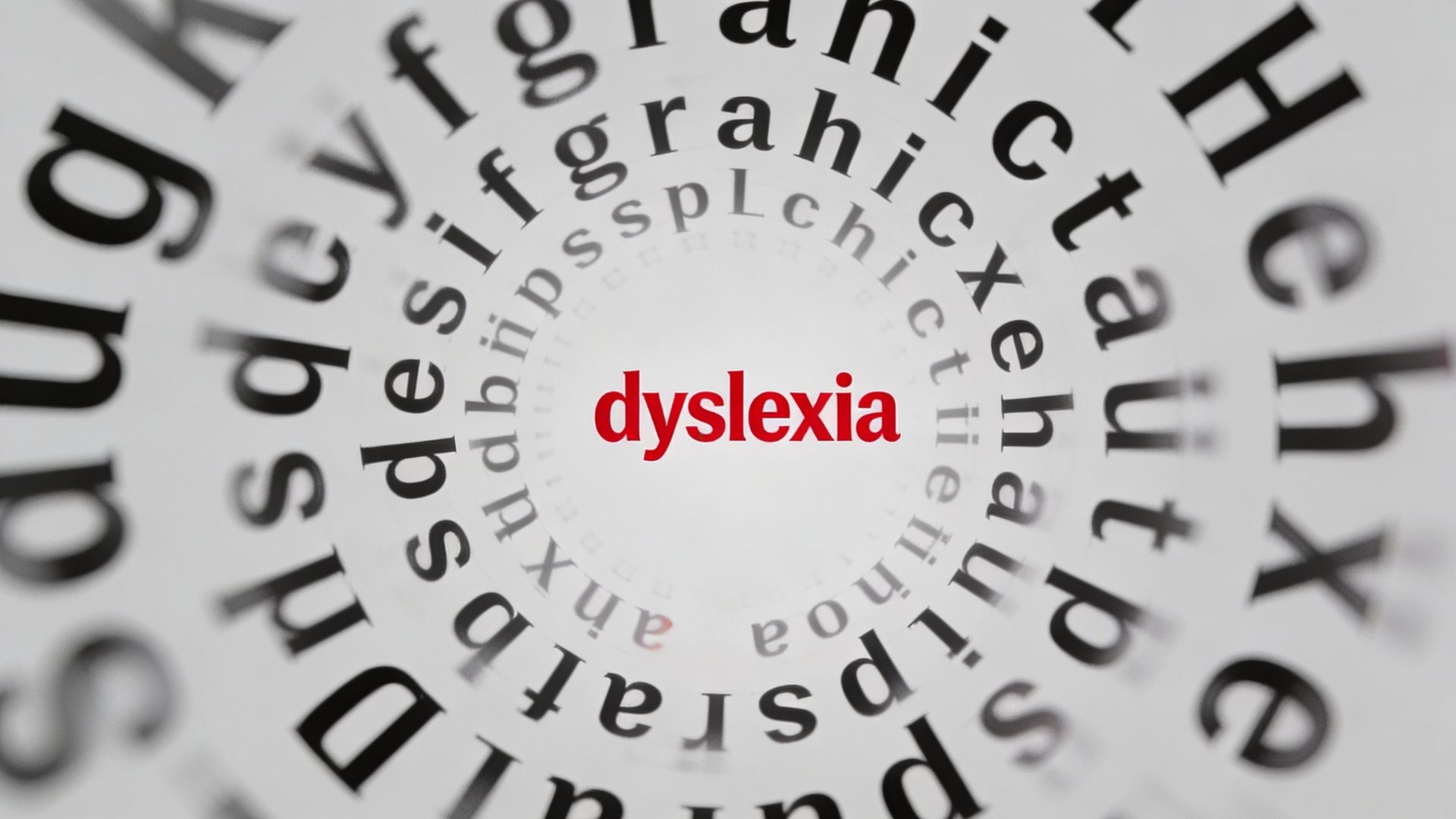 Visual of swirling letters with “dyslexia” highlighted in red, representing common signs of dyslexia like letter confusion and reading difficulty