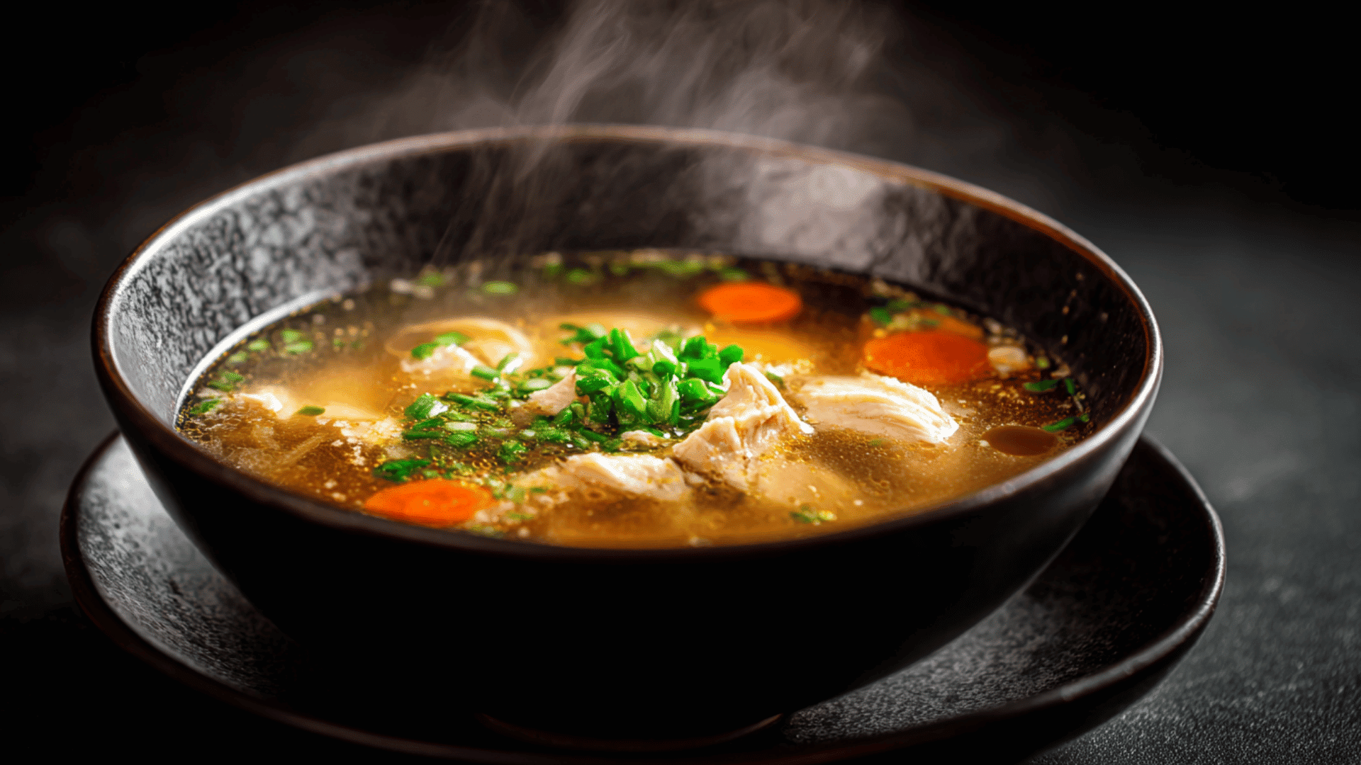 Warm chicken broth bowl with shredded chicken, vegetables, and herbs served as a light homemade meal. (1)