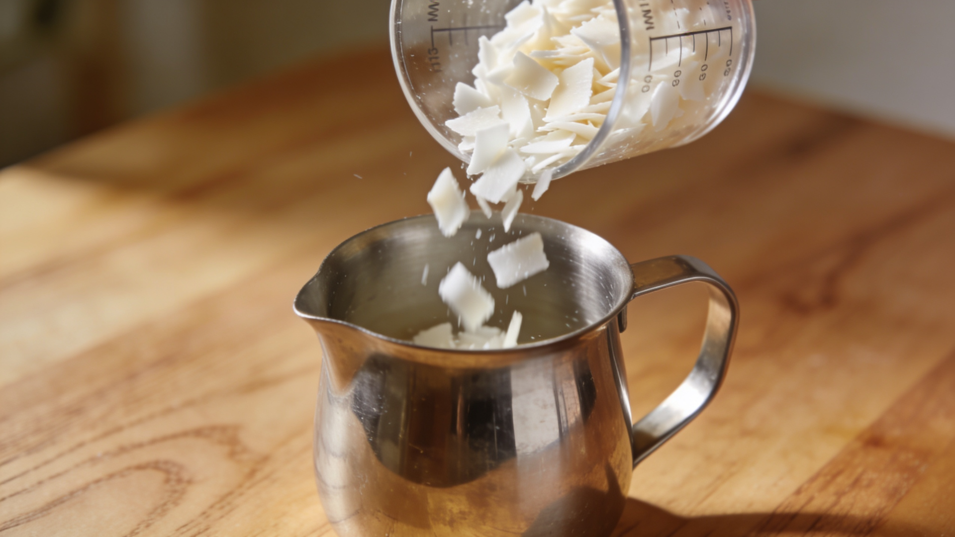 White soy wax flakes being poured from a measuring cup into a stainless steel pouring pitcher on a wooden craft table.