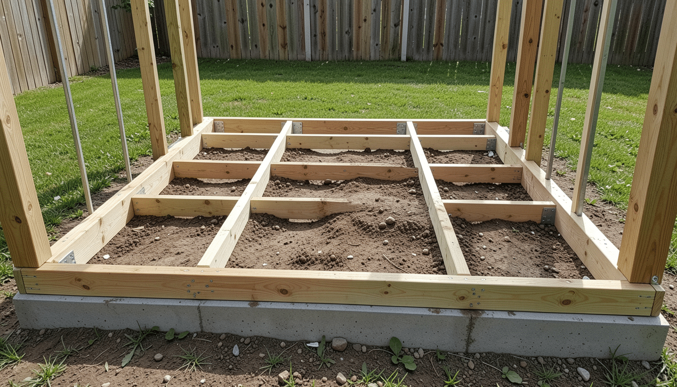 Wooden floor joists sit inside a concrete block border on bare soil with vertical posts rising up at the corners in a backyard
