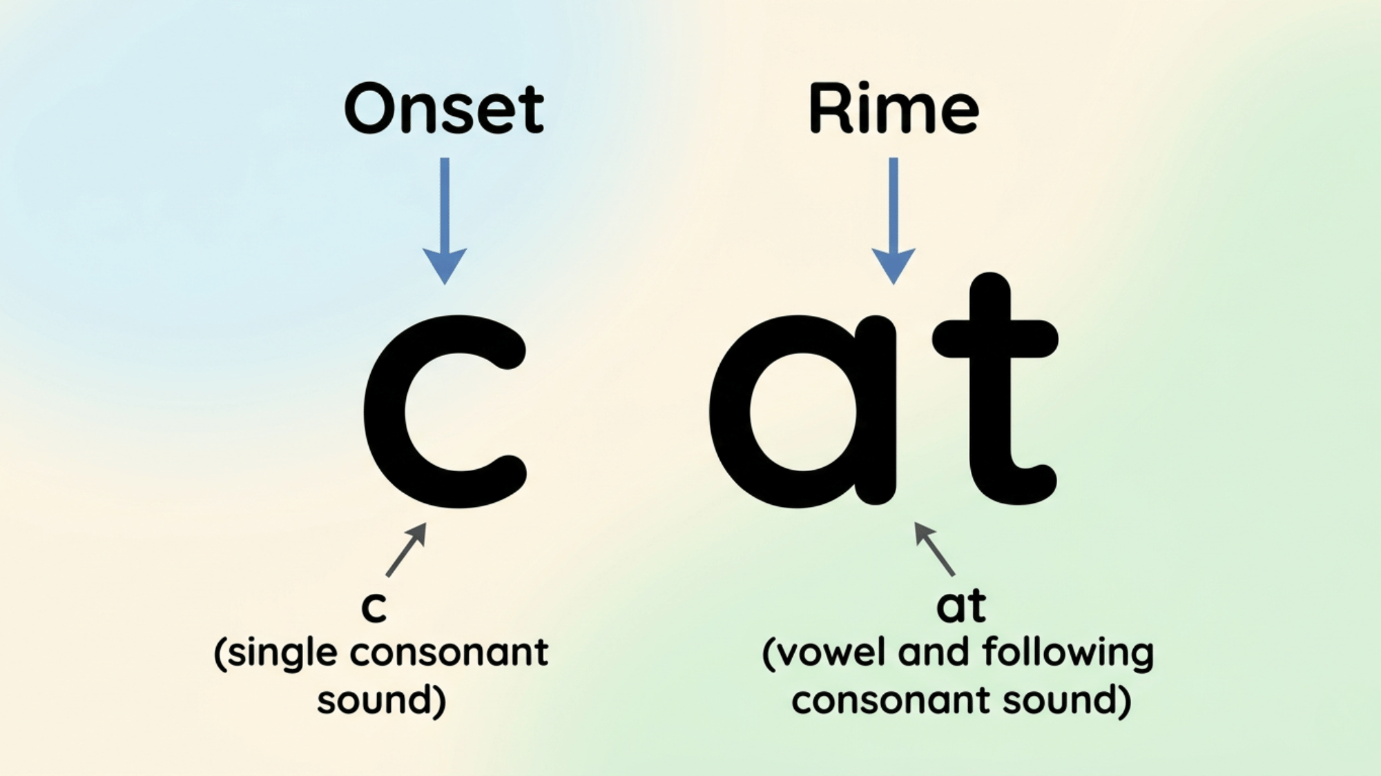 Word “cat” split into onset and rime with simple labels for easy phonics learning
