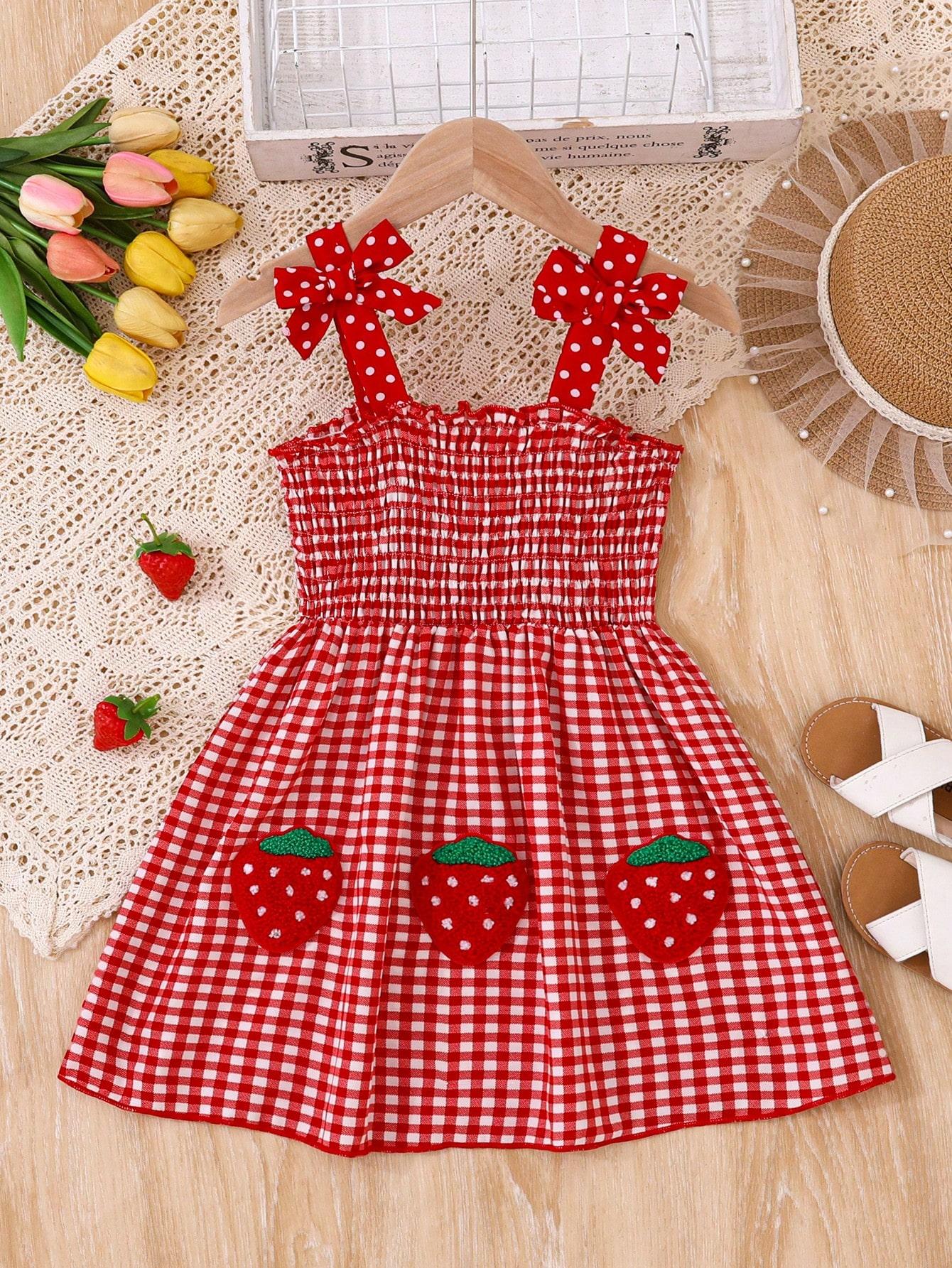 Strawberry Sweetness on Display: Young Girl Off-Shoulder Strawberry Patch Dress