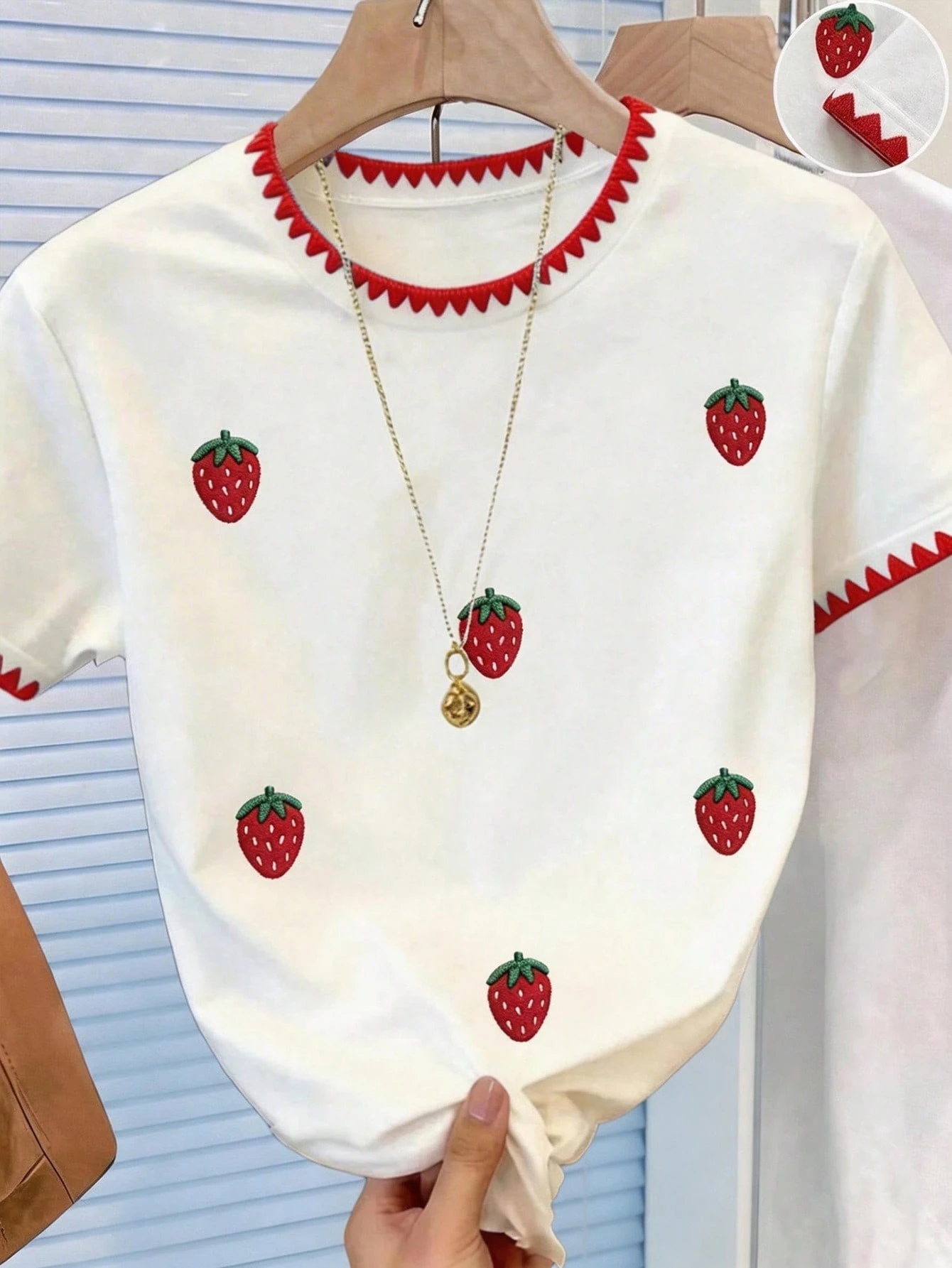 Embroidered Sweetness: Tween Girls White Base Red Triangle Trim Strawberry T-Shirt