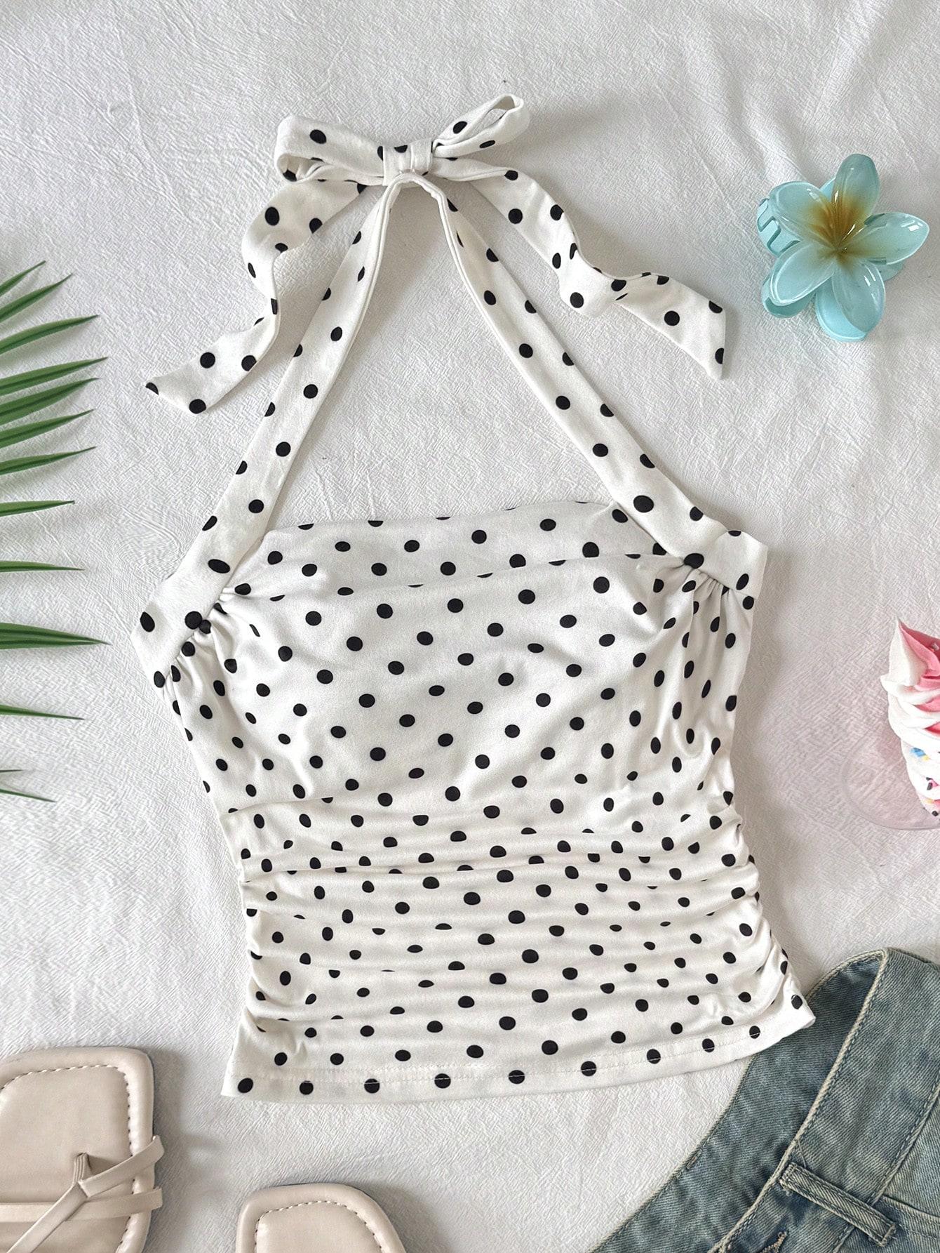 The Polka Dot Vacation Vibe: Tween Girl Knit Printed Halter Camisole