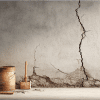 Worker inspecting a cracked concrete foundation wall with repair tools in a basement. (2)