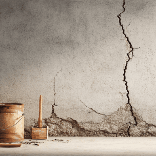 Worker inspecting a cracked concrete foundation wall with repair tools in a basement. (2)