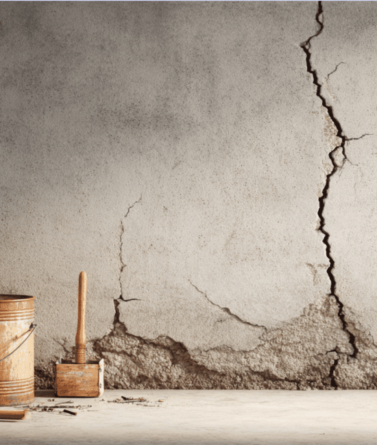 Worker inspecting a cracked concrete foundation wall with repair tools in a basement. (2)