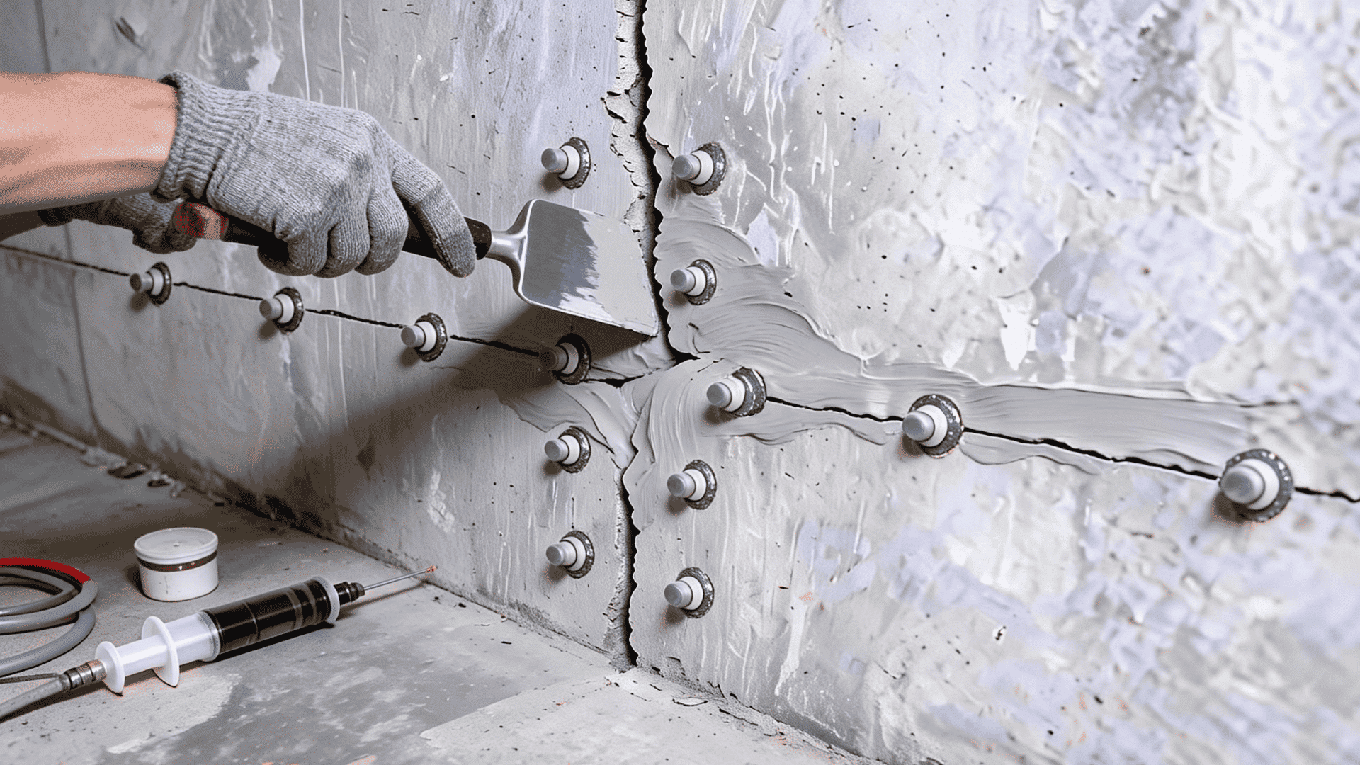Worker sealing a foundation crack with epoxy between injection ports. (2)