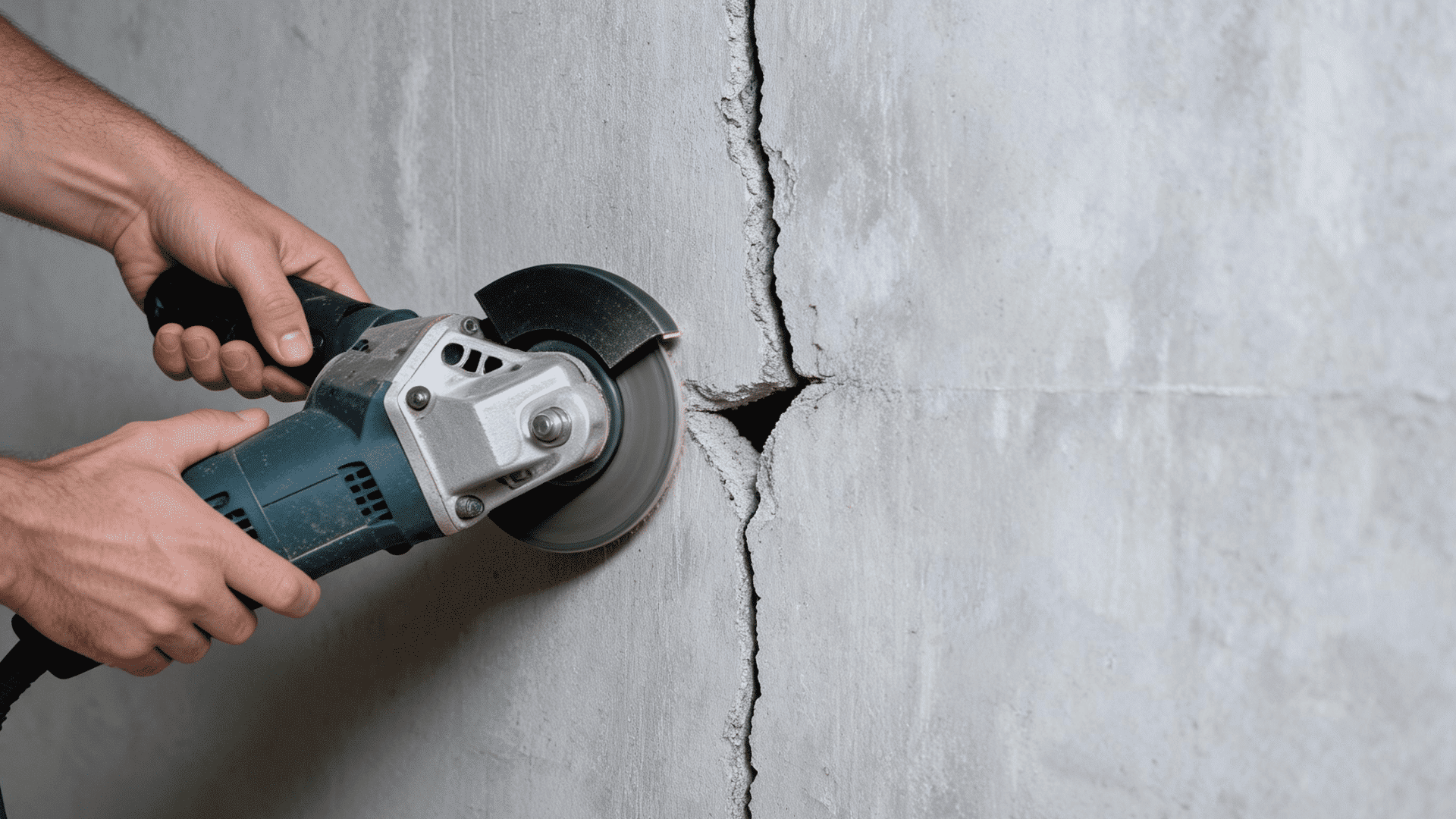 Worker using a grinder to deepen a crack in a concrete foundation wall. (1)