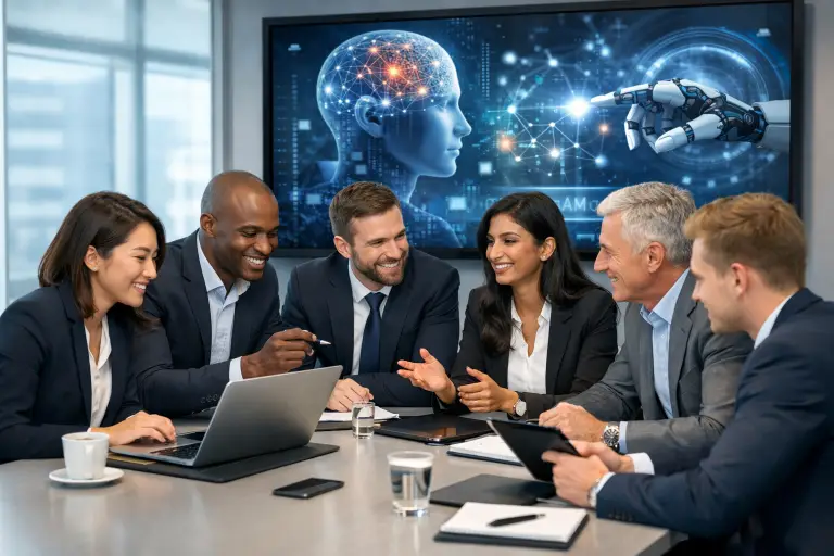 Business professionals discussing technology at conference table with digital brain and robotic hand on screen