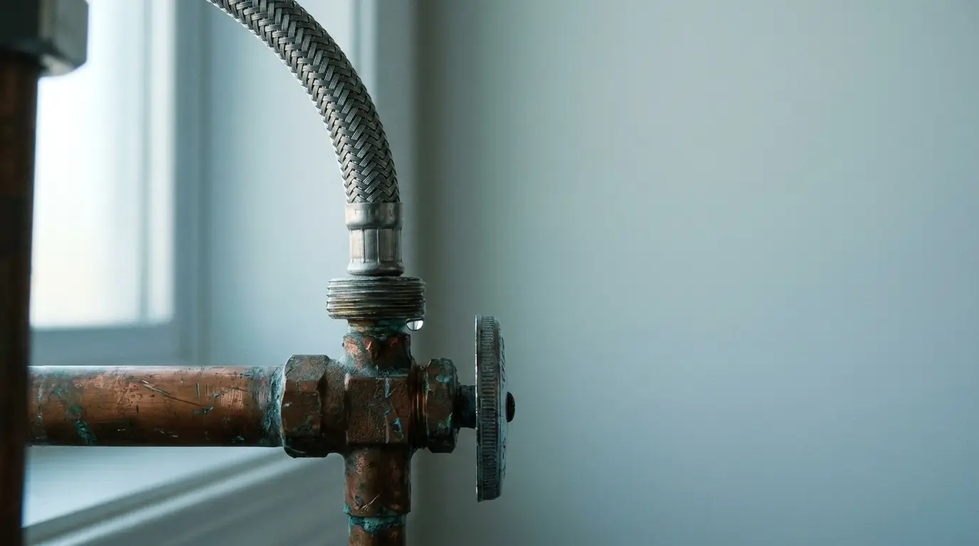 Close-up of corroded copper piping and metal hose in a dimly lit space