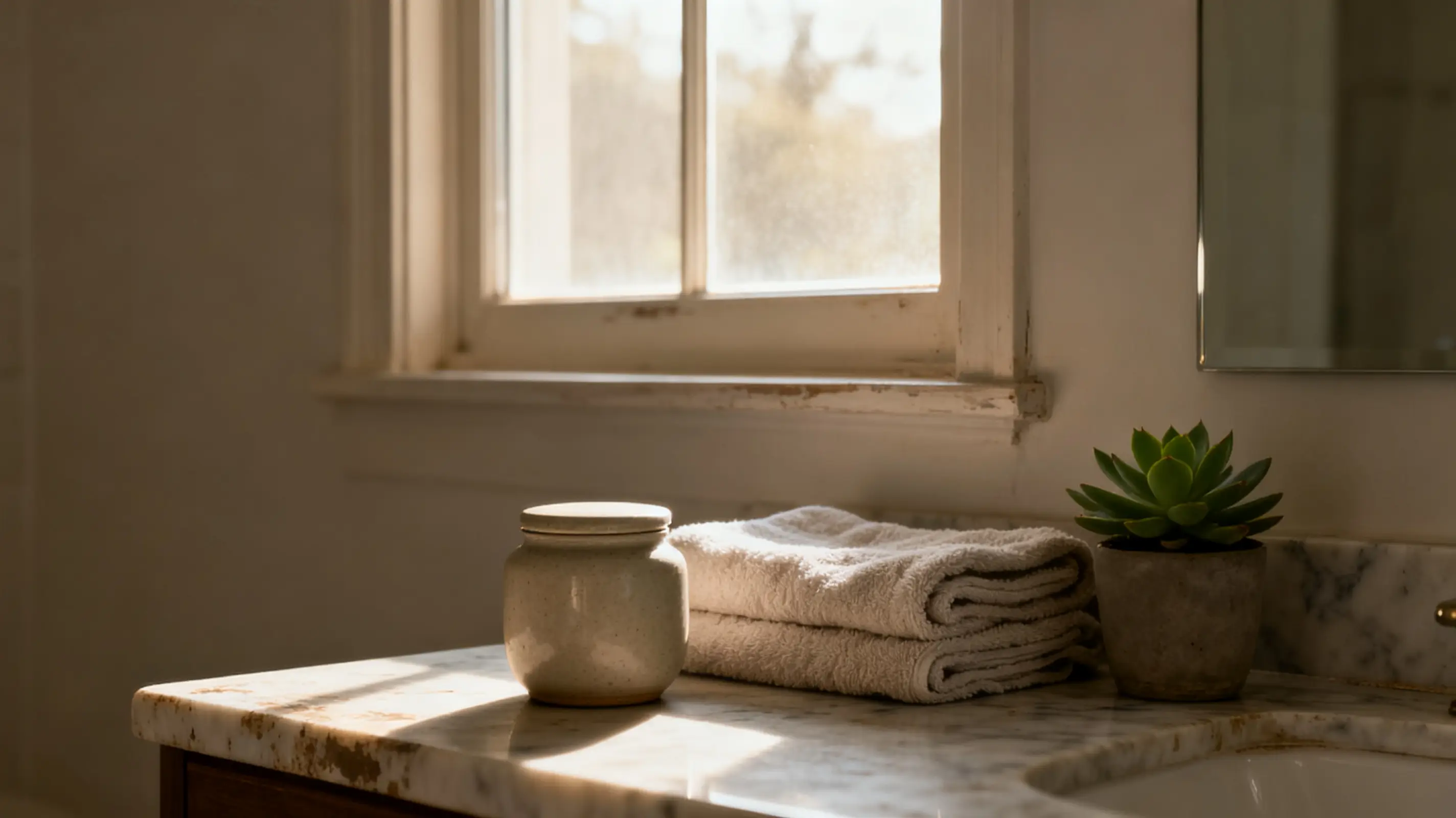 Ceramic jar and towels on marble bathroom counter near window with potted succulent
