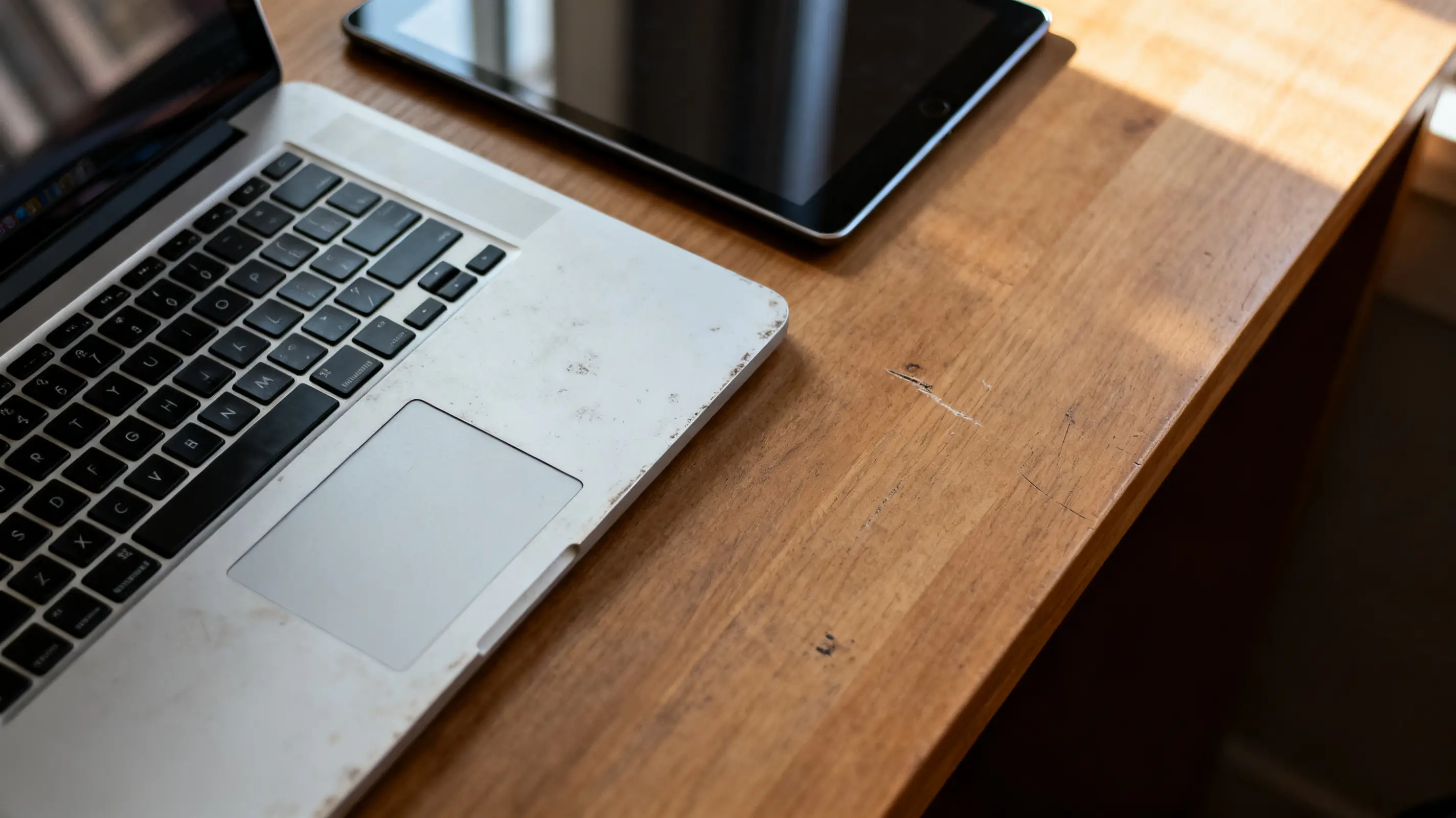 Laptop and tablet on wooden desk in natural sunlight