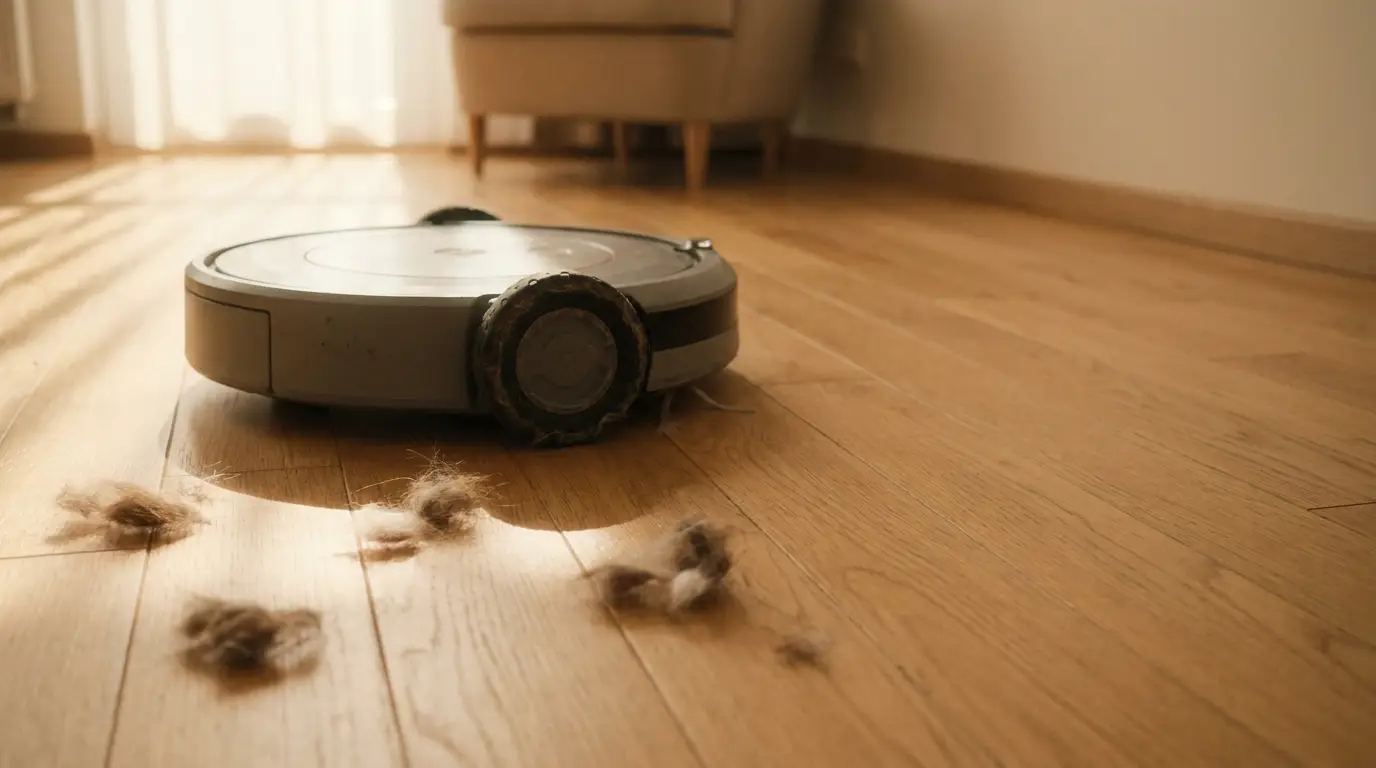 Robotic vacuum cleaning pet hair on wooden floor in bright living room