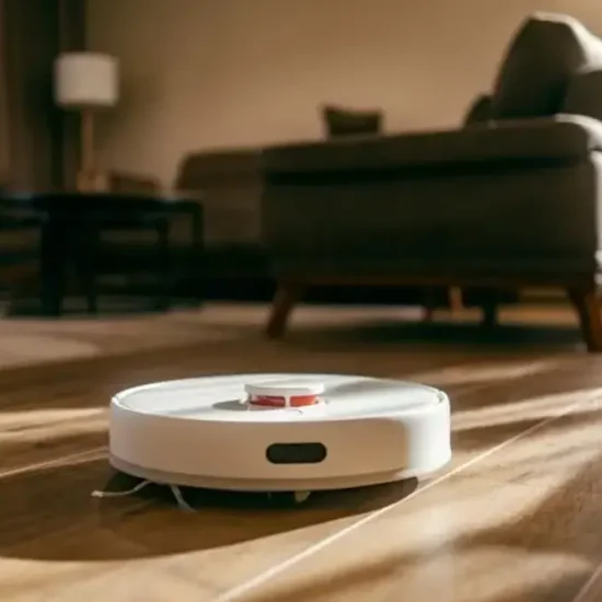 Robotic vacuum cleaner on wooden floor in sunlit living room with modern furniture