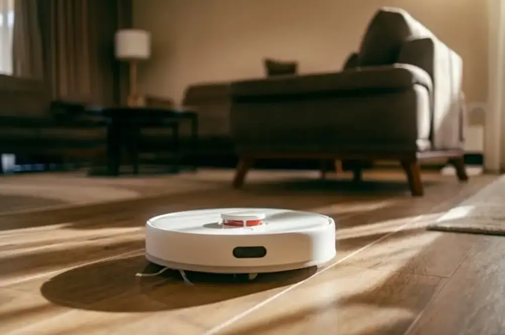 Robotic vacuum cleaner on wooden floor in sunlit living room with modern furniture