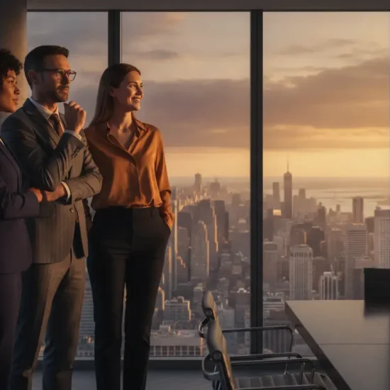 Professionals in formal attire standing in a high-rise office with city skyline at sunset
