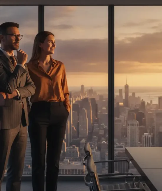 Professionals in formal attire standing in a high-rise office with city skyline at sunset