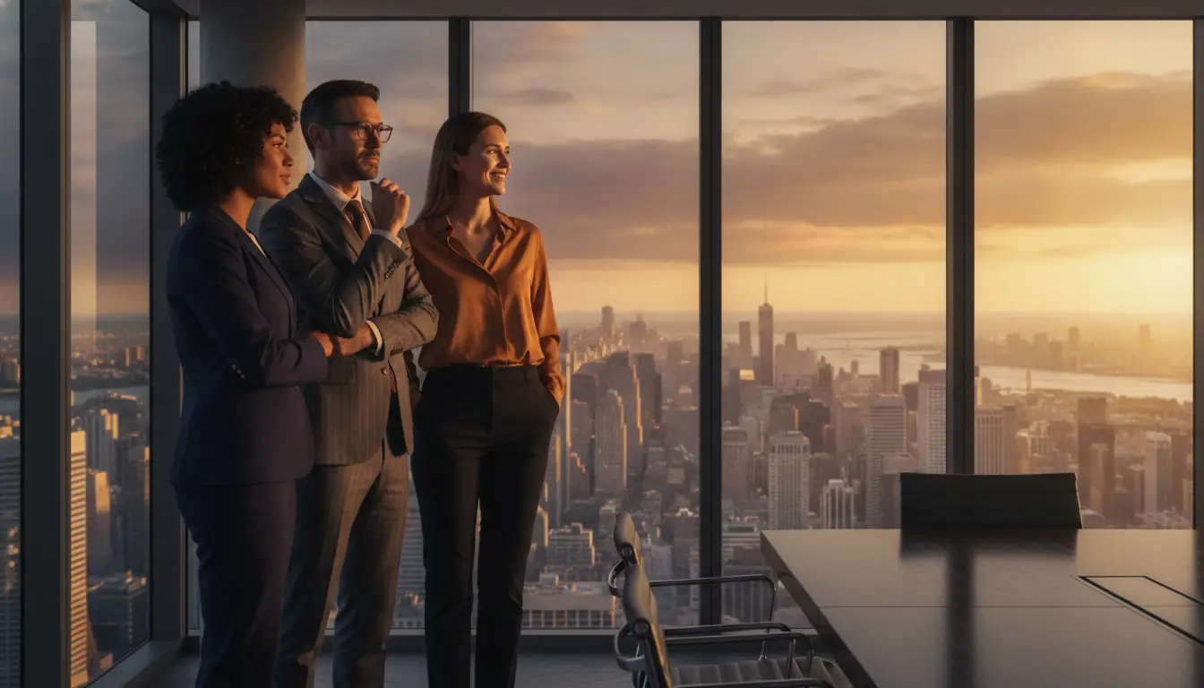 Professionals in formal attire standing in a high-rise office with city skyline at sunset