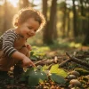 Toddler in striped shirt and overalls exploring forest floor with leaves and sunlight filtering through trees