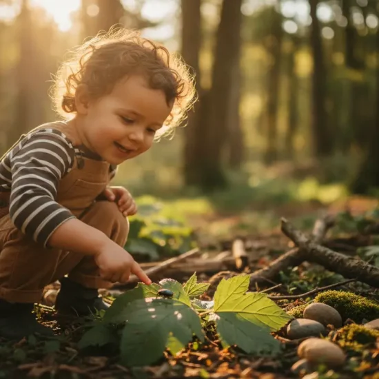 Toddler in striped shirt and overalls exploring forest floor with leaves and sunlight filtering through trees