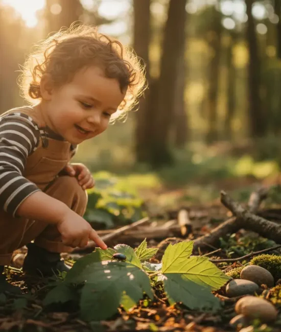 Toddler in striped shirt and overalls exploring forest floor with leaves and sunlight filtering through trees