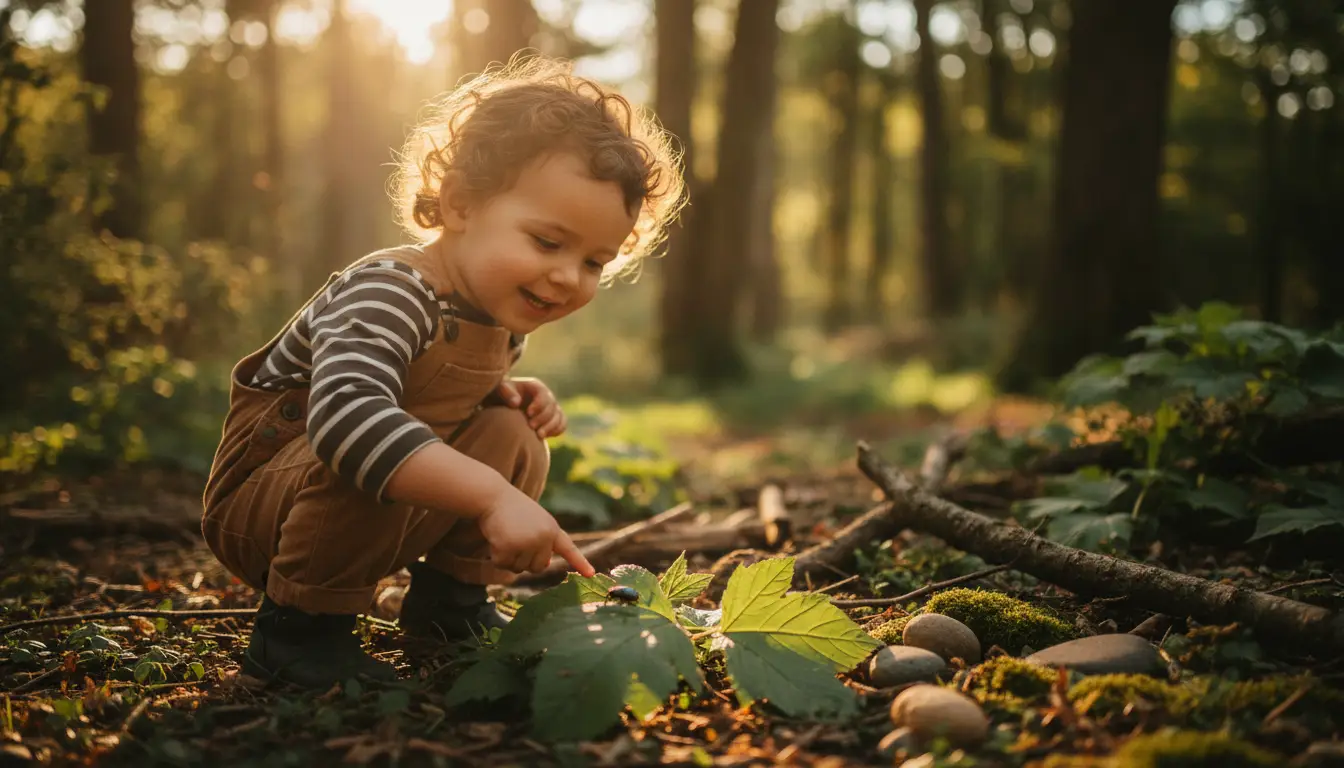 Toddler in striped shirt and overalls exploring forest floor with leaves and sunlight filtering through trees