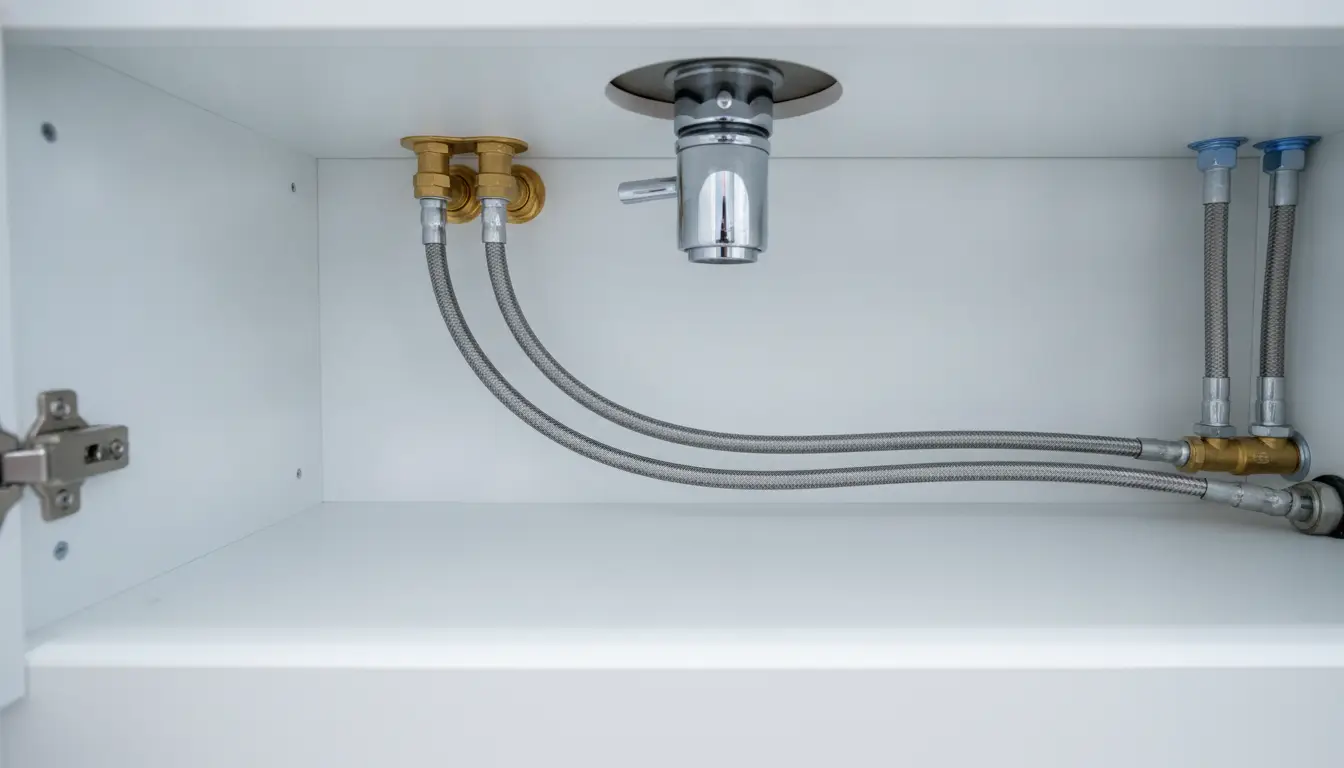 Under-sink plumbing with metal pipes and valves in a white cabinet