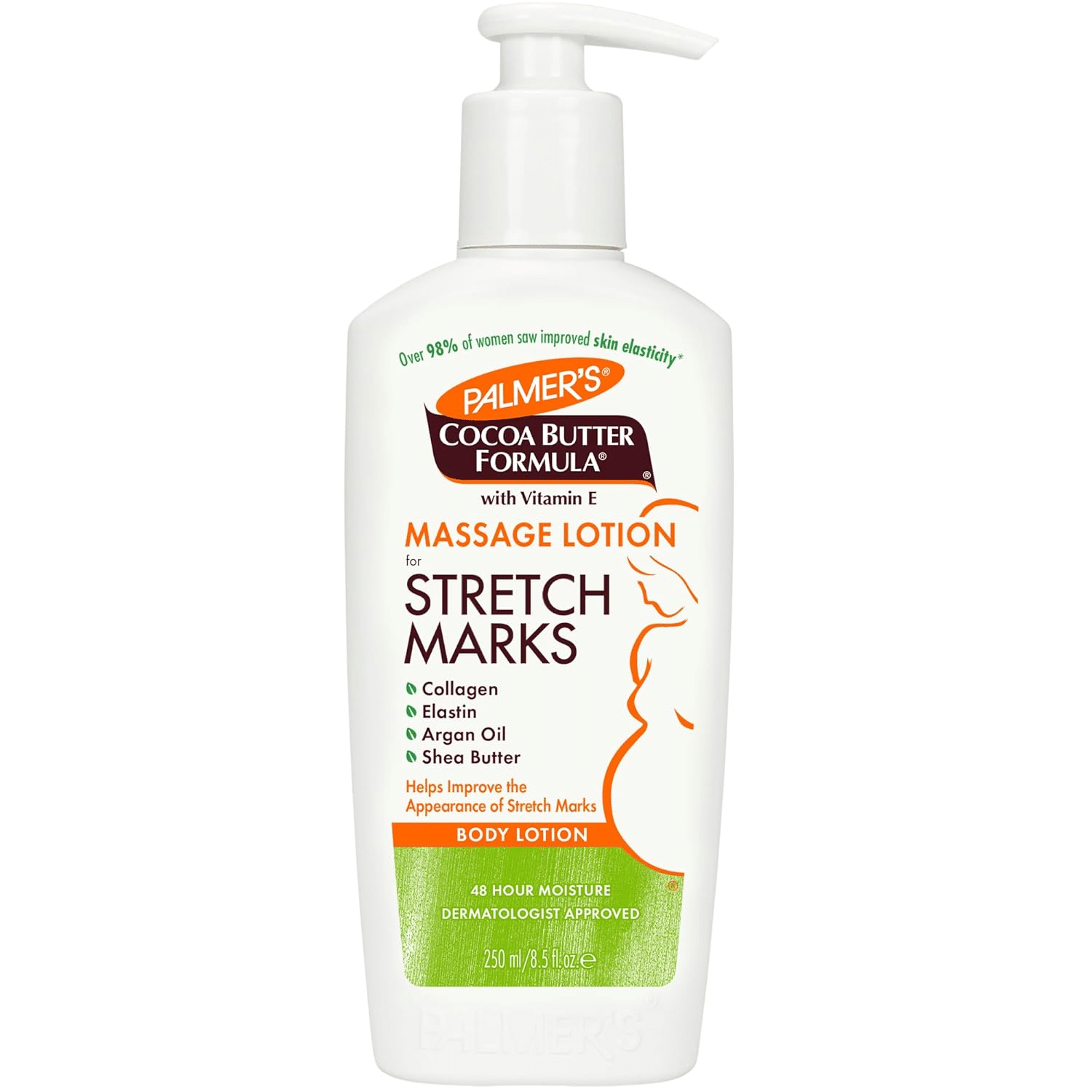 Palmer’s Cocoa Butter Formula Massage Lotion for Stretch Marks in a white pump bottle.