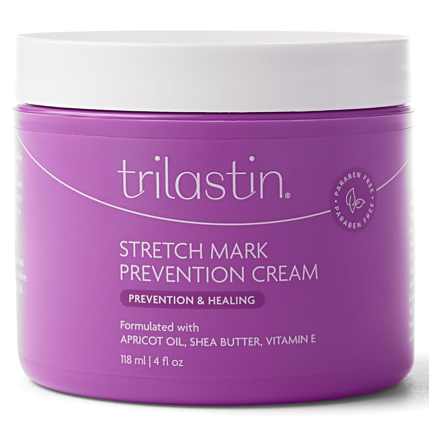 TriLASTIN Stretch Mark Prevention Cream in a purple jar
