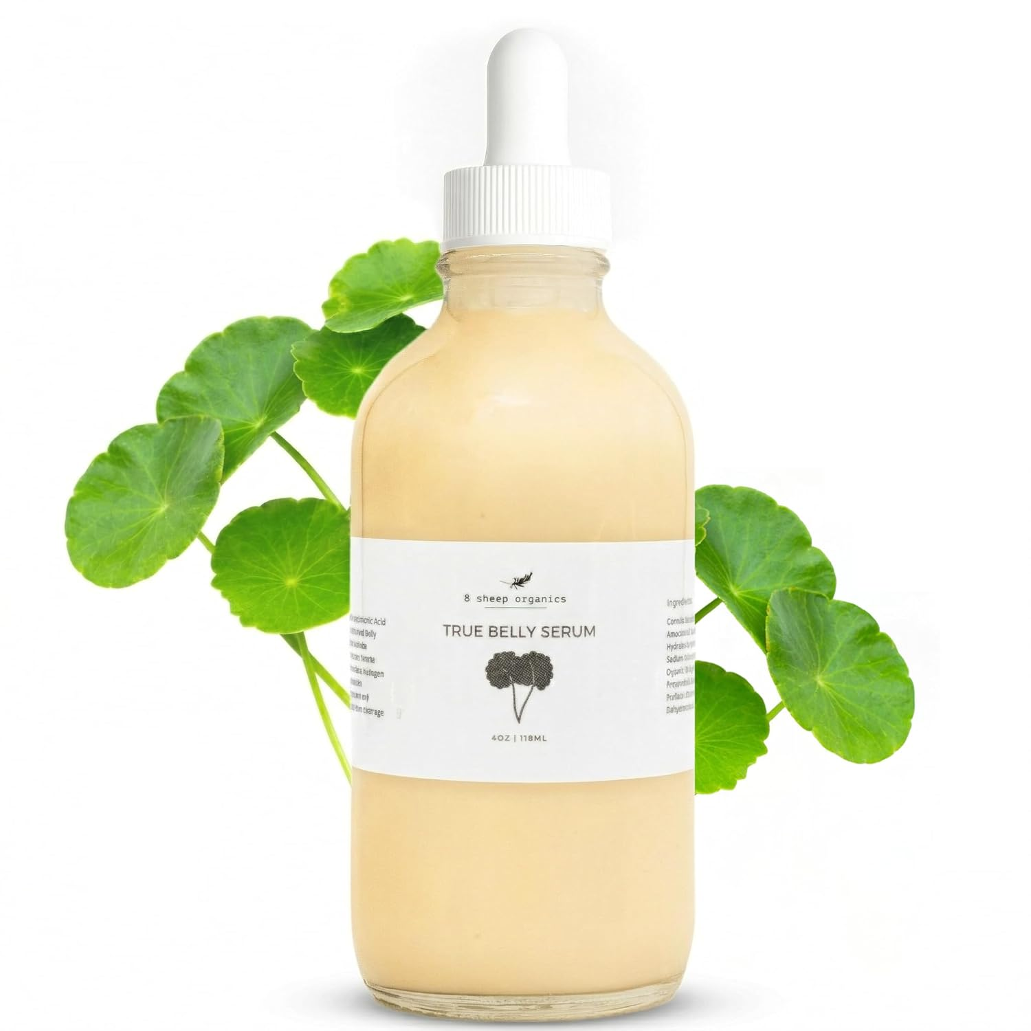 8 Sheep Organics True Belly Serum bottle with Centella leaves in the background