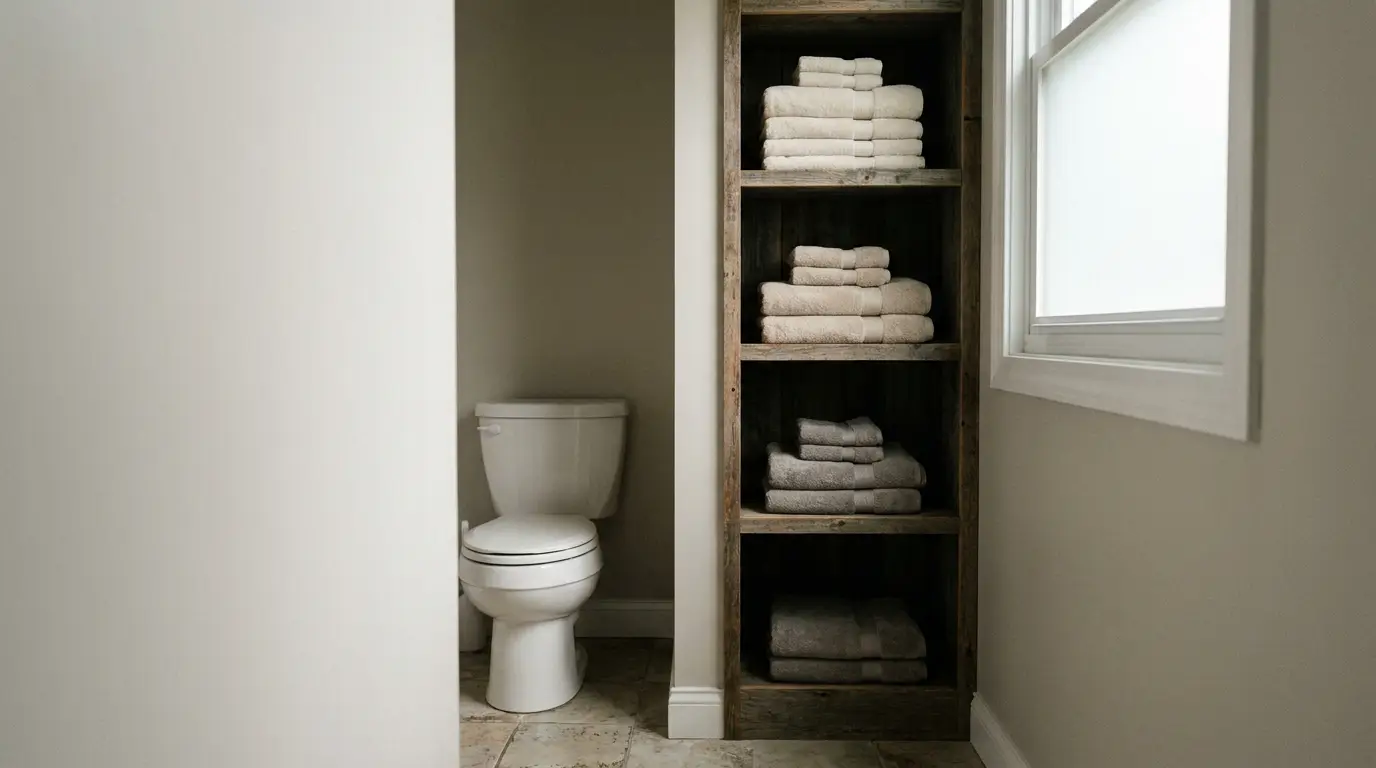 Toilet with wooden shelving stocked with folded towels in a neutral-toned bathroom