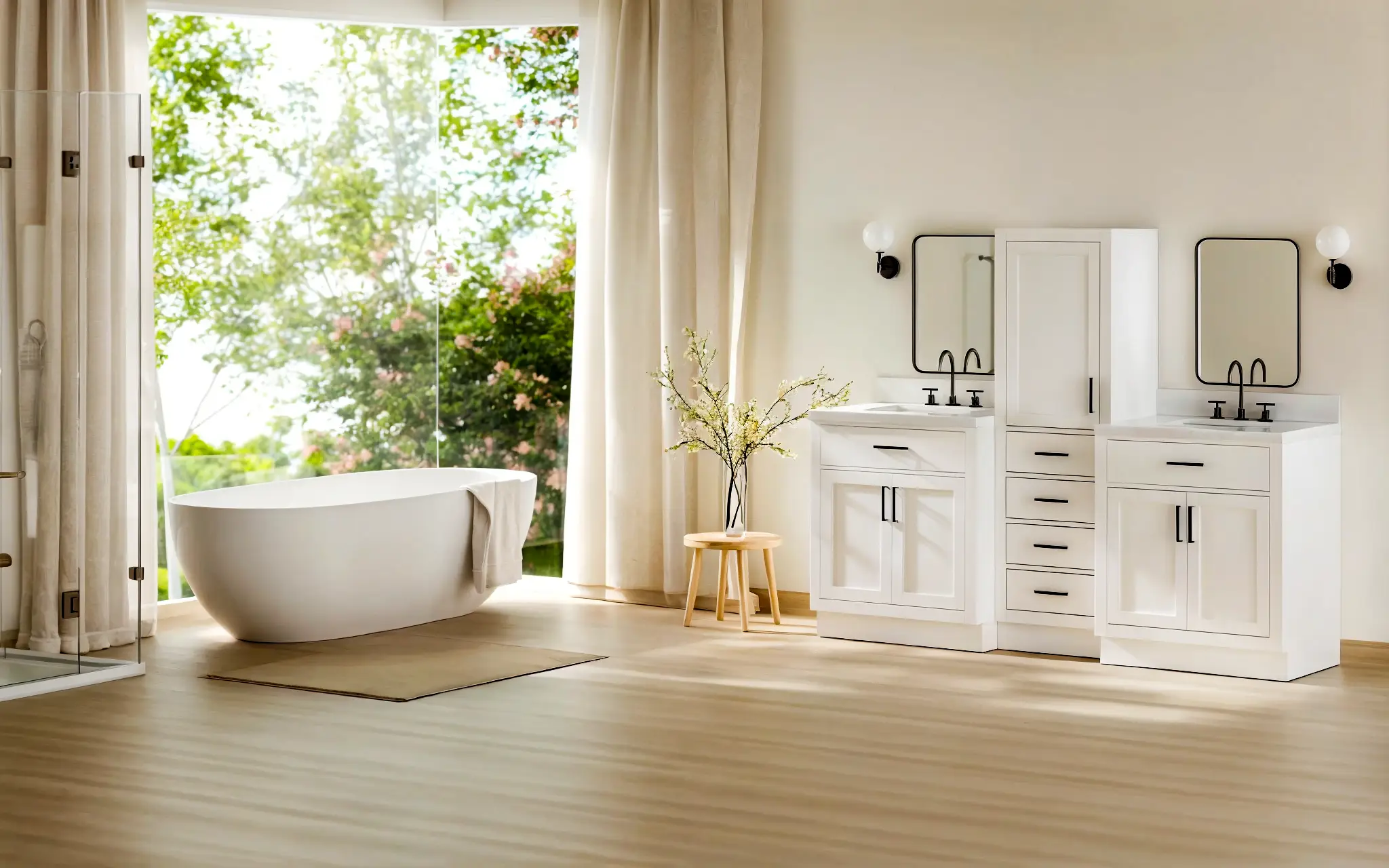 Modern bathroom with freestanding bathtub and white double vanity near large windows