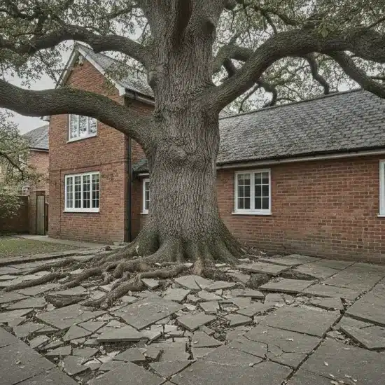 Large tree with sprawling roots breaking through a paved courtyard next to a red brick house