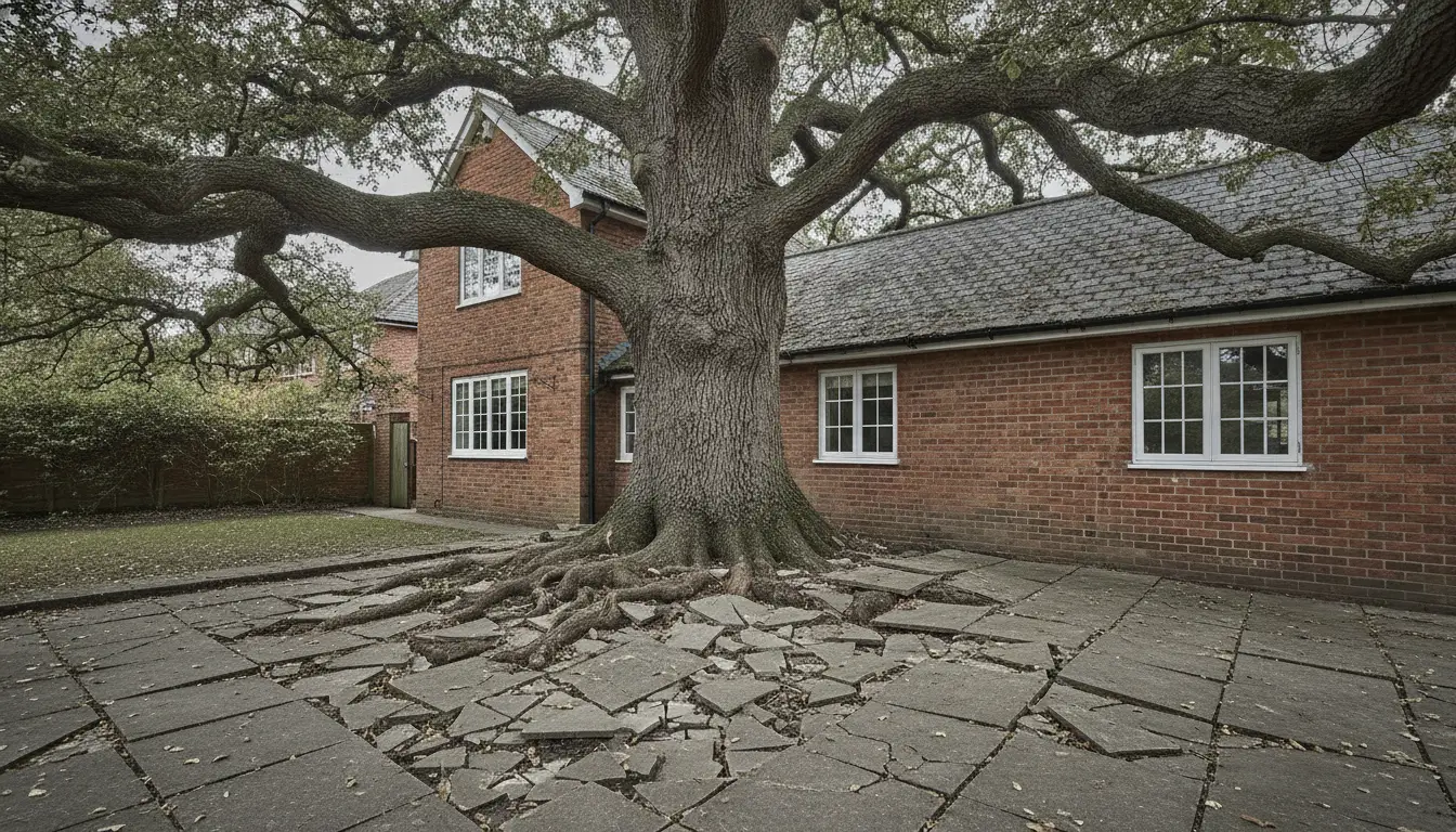 Large tree with sprawling roots breaking through a paved courtyard next to a red brick house