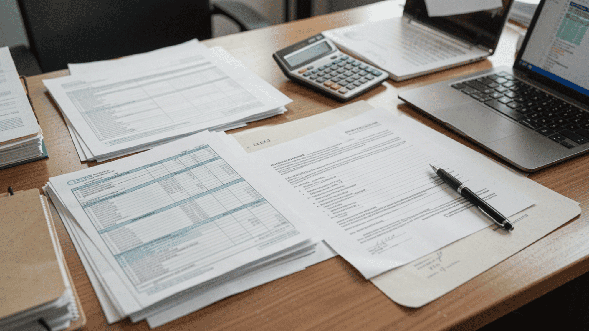 A desk holds multiple legal and financial documents spread out with a pen and calculator beside an open laptop.