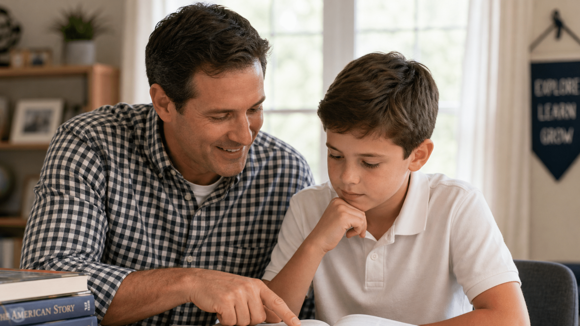 A father helping his son read a book at home, showing parent support and reading practice for a dyslexic child