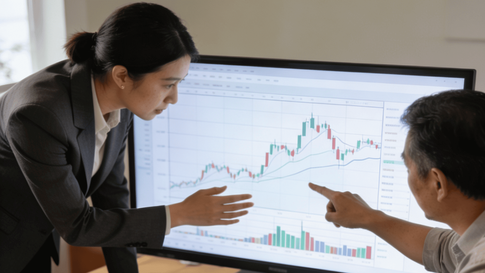 A financial advisor and client discuss investment strategies while pointing at a stock chart on a large monitor with reports spread across the desk